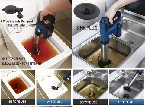 Using Rechargeable High Pressure Air Plunger For Clogged Toilets, Sinks, Shower Drains With PSI Gauge And 4 Plugs, Before and After