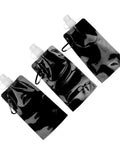Three collapsible 700ml PE soft flasks with bite valve, black color. Collapsible 700ml PE Soft Flask For Outdoor Travel Camping Hiking Eco Friendly Hydration On The Go Blue Flexible Lightweight Bottle Great For Backpacking Gym Hiking And Everyday Use.