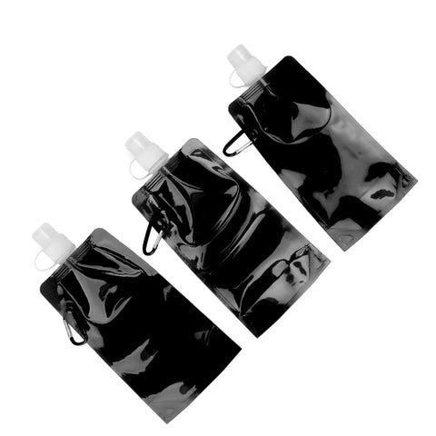 Three collapsible 700ml PE soft flasks with bite valve, black color. Collapsible 700ml PE Soft Flask For Outdoor Travel Camping Hiking Eco Friendly Hydration On The Go Blue Flexible Lightweight Bottle Great For Backpacking Gym Hiking And Everyday Use.