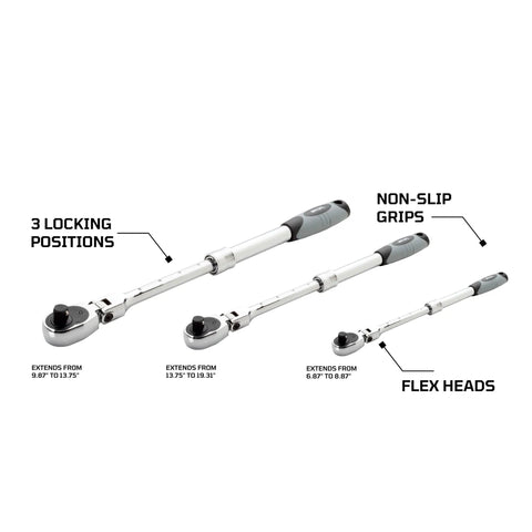 3-Piece Extendable Ratchet Set with Telescoping Handles and 180 Degree Pivoting Flex Heads for Auto Repair and DIY Projects