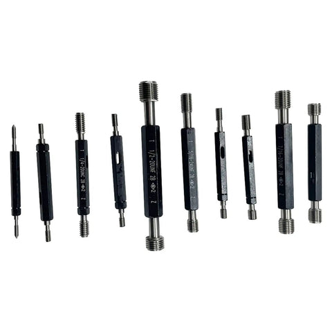 10 Piece Double Threaded Screw Plug Gauge Set With Go No Go, Pro Grade High Precision ANSI Class 2B Thread Gauges In Box displayed side view