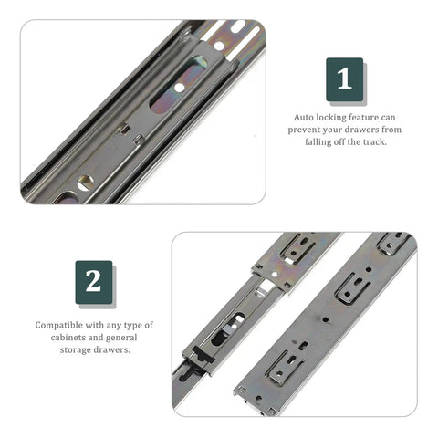 Drawer Slide Rail System In Stainless Steel Side Mount Ball Bearing Slides, close-up of locking feature and compatibility details