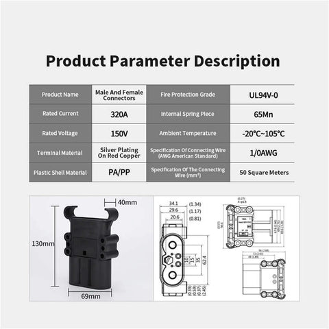 Heavy Duty DC Battery Connectors For Forklifts 150V 80A 160A 320A Power Plug And Wire Set Male And Female With 100cm Cables Easy Install Industrial Grade Charging And Power Distribution Kit, 320A, 130mm