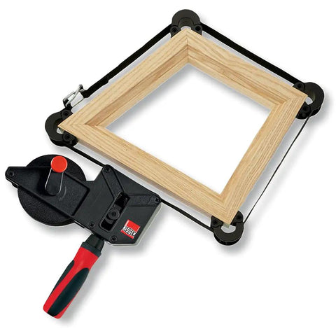 23 Ft Variable Angle Strap Clamp Kit With Four Pivoting Vario Clips around a wooden frame