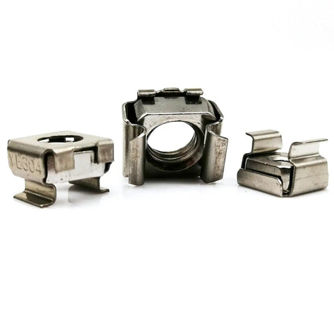 Rugged 304 Stainless Steel Square Clip Floating Cage Nuts For Server Rack And Cabinet Mount M10 Threaded Hardware Fasteners 2 Piece Pack, close-up.