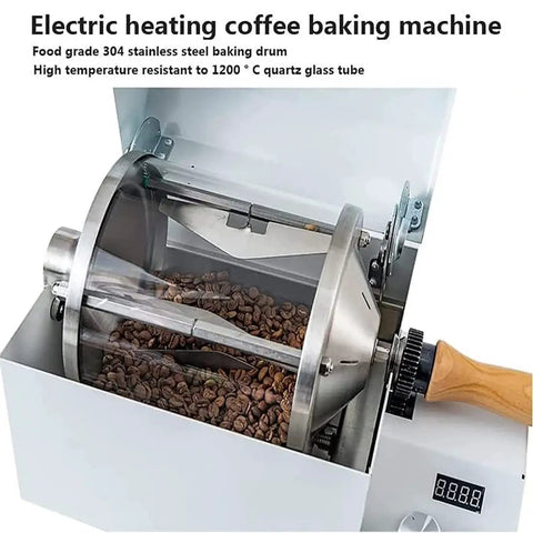 Fully Automatic Coffee Roaster With Heavy Stainless Steel Drum, Electric Bean Roasting Machine with stainless roasting drum and beans visible.
