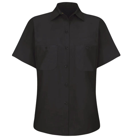 Top Shelf Heavy Duty Short Sleeve Industrial Work Utility Button Down Uniform Shirt With Soil Release Finish And Moisture Wicking Fabric Dual Chest Pockets Relaxed Fit Matte Black front view