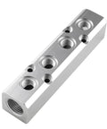 Four Way Pneumatic Manifold Aluminum Alloy Air Distribution Block With G1/2 Inlet Ports And G1/4 Outlets, angled view