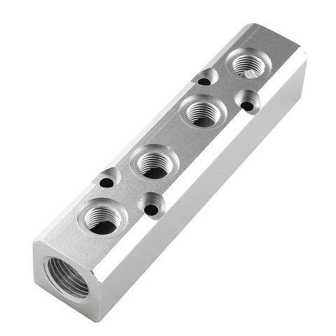 Four Way Pneumatic Manifold Aluminum Alloy Air Distribution Block With G1/2 Inlet Ports And G1/4 Outlets, angled view