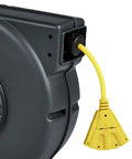 Beefy Heavy Duty Retractable Extension Cord Reel, 65 Foot 12 AWG SJT Cable, Industrial Grade with Triple Tap Outlet, swivel bracket close-up