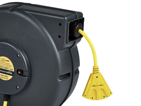 Beefy Heavy Duty Retractable Extension Cord Reel, 65 Foot 12 AWG SJT Cable, Industrial Grade with Triple Tap Outlet, swivel bracket close-up