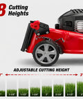 18 Inch Self Propelled Gas Lawn Mower With 131cc DV Engine 8 Cutting Heights Rear Wheel Drive Push Walk Behind 3 In 1 Mulching Side Discharge And Rear Bag Perfect For Yards And Landscaping On Hills And Rough Terrain. Rear wheel and adjustable cutting height graphic
