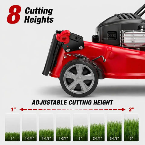 18 Inch Self Propelled Gas Lawn Mower With 131cc DV Engine 8 Cutting Heights Rear Wheel Drive Push Walk Behind 3 In 1 Mulching Side Discharge And Rear Bag Perfect For Yards And Landscaping On Hills And Rough Terrain. Rear wheel and adjustable cutting height graphic