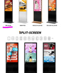 Dead Simple 55 Inch Double Sided Digital Signage Display With Smooth Roll Mobile Cart Android 11 showcasing split-screen advertisements.
