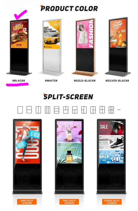 Dead Simple 55 Inch Double Sided Digital Signage Display With Smooth Roll Mobile Cart Android 11 showcasing split-screen advertisements.
