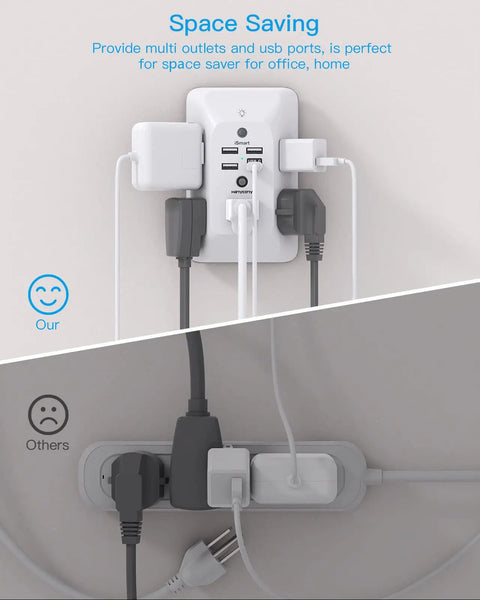 10 In 1 Outlet Extender With Night Light And USB Charger Surge Protector 5 outlets 4 USB ports plugged, space saving layout