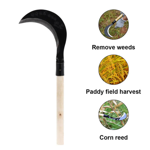 Beefy Long Handle Manganese Steel Hand Scythe For Weeding And Lawn Care Black Half Moon Blade Garden Tool shown with uses