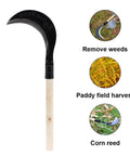 Long Handle Hand Scythe for Weeding and Lawn Care, Manganese Steel Manual Weeding Tool, Durable Garden Weed Puller with text showing uses