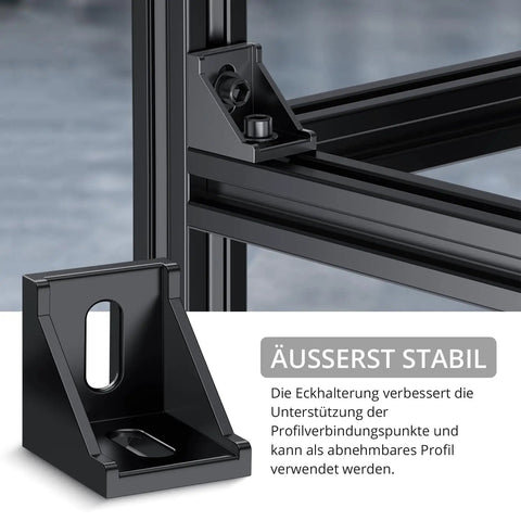 10 Pack Aluminum Profile 4040 Corner Brackets for Extrusion Mounting Corner Connector in black finish, installed view with close-up.