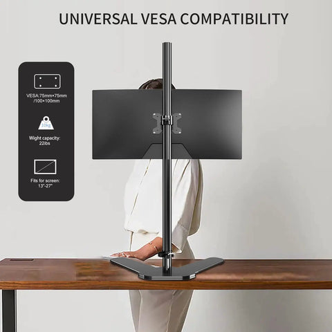 Tall Floor Monitor Mount With Extra Long 47 Inch Pole For Free Standing Desk Setup Adjustable Single Arm Fits 13 To 27 Inch Screens Up To 22 Lbs Easy Height Tilt And Depth Adjust To Cut Eye Strain shown on desk with monitor