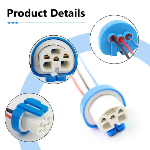 Close-up of Two Pack Car Fog Light Socket Wire Harness Connector Compatible With 9007 9004 HB1 HB5 Bulbs with blue plug and wires.