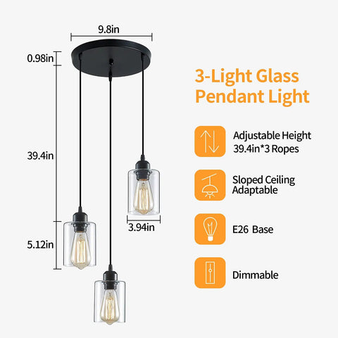 Industrial 3 Light Pendant Lighting With Adjustable 39.4 Inch Cords, Clear Glass Shade For Kitchen Island, Dining Room, E26 Base Ready