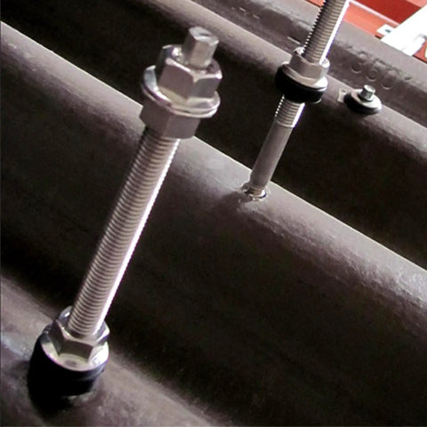 Built Tough Stainless Steel Hanger Bolts For Solar Panel Mounting On Corrugated Metal Roofs Sets Of Four Height Adjustable Quick Setup Bracket Kits installed on corrugated seams.
