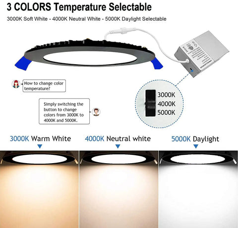 12 Pack 6 Inch Dimmable LED Recessed Lights Ultra Thin Canless Black with Junction Box showing tri-color temperature settings.