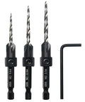Adjustable Three Piece Countersink Drill Bit Set With Precision Depth Stop Collars And Secure Hex Shank For Flawless Pilot Holes In Wood Or Metal Heavy Duty Steel Designed To Knock Out Tough Jobs Without Skipping A Beat Shop Ready Kit showing three HSS drill bits and hex key.