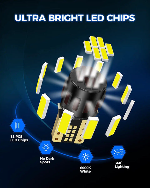 3D representation of 194 LED Bulb For License Plate Light Pack Of 10, 6000K Super White with highlighted LED chips