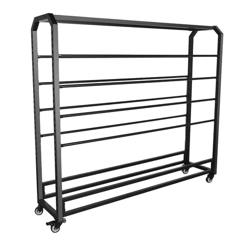 Adjustable Hanging Rod Bracket Floor To Ceiling Display Rack For Quilting Fabric Storage shown in black steel frame with wheels