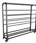 Adjustable Hanging Rod Bracket Floor To Ceiling Fabric Display for Quilting, steel rack with wheels, side view