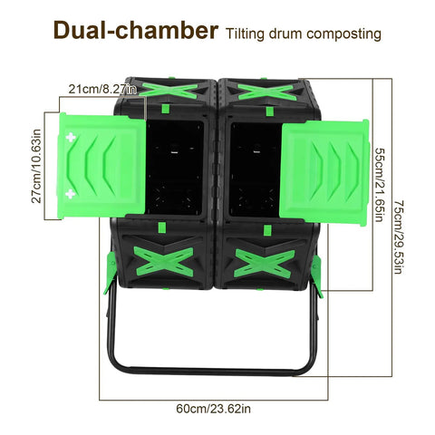 Dual Chamber 140L Tumbling Compost Bin For Easy Batch Composting, Fast Assemble Outdoor Compost Tumbler dimensions view