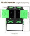 Dual Chamber 140L Outdoor Tumbling Compost Bin with dimensions shown, black and green design for easy batch composting.