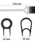 Three-piece Litorange silicone dampener set: black two-prong O-ring (13 mm), U-clip (16 mm), and white brush (110 mm)