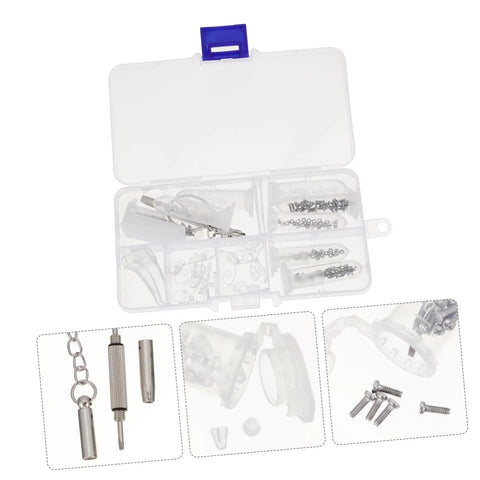 Eyeglass Repair Tool Kit With Nose Pads And Tiny Screws For Quick Eyewear Maintenance, open case showing tools and screws