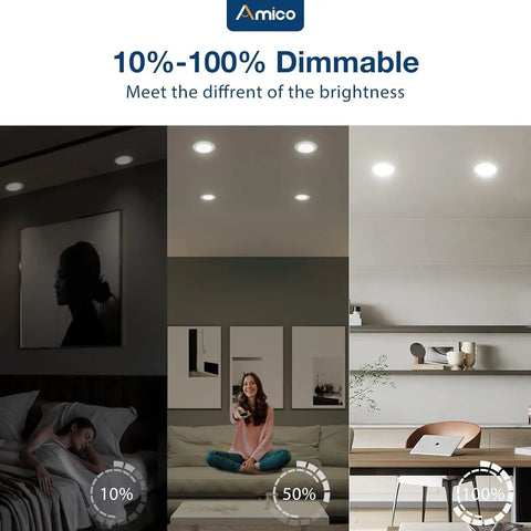 Image showing five to six inch LED recessed can lights kit, 20 pack, dimmable, IC and damp rated, illumination levels at 10%, 50%, and 100%.