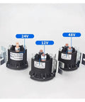 Three Heavy Duty 12V 24V 48V Electric Forklift Relay Start Switch DC Contactors positioned with labels, showcasing design and voltage ratings.