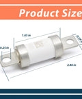 Straight Up Heavy Duty High Voltage Automotive Fuse Replacement For New Energy Electric Vehicles Using 500 Volt 2000 Amp Inline Block With Knockout Short Circuit Protection Gearhead Approved, showing dimensions.