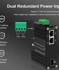 Rock Solid Mini Industrial Gigabit Ethernet Switch With Din Rail Mount And Fiber Optic Converter showing dual redundant power input terminals.