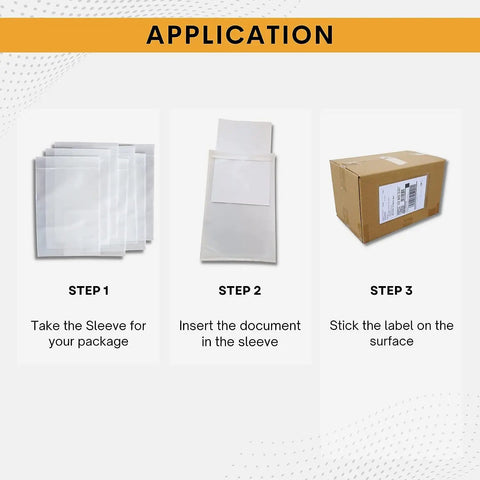 Application steps for 1000 Pack 6X10 Clear Shipping Label Sleeves With Heavy Duty Self Adhesive Backing For Waterproof Packing Slip Pouches.