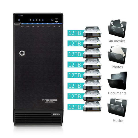 Top Shelf 8 Bay Hard Drive Enclosure Rock Solid Direct Attached Storage Box with 12TB drives for large data storage and transfers.