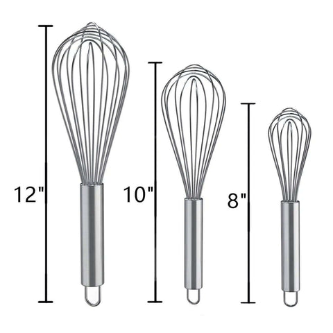 3 Pack Stainless Steel Balloon Whisks Set For Cooking, Blending, Beating And Stirring, Heavy Duty 8 Inch, 10 Inch, And 12 Inch Wires