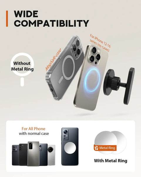 Wide compatibility image for Kickass Magnetic Golf Cart Phone Holder With MagSafe for iPhone 16 15 14 13 12 Mini showing various phone cases.