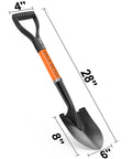 Kids Shovel For Sand And Snow, 28 Inch D Handle Metal Shovel With Fiberglass Handle, orange tool with measurements.