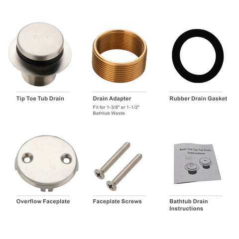 Components of Brushed Nickel Tub Drain Conversion Kit With Tip Toe Trim, 2 Hole Overflow Faceplate, Universal Fine And Coarse Thread