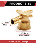 Close-up of lead-free brass elbow showing 1/2 inch PEX to 1/2 inch NPT thread fitting with mounting bracket for secure mounting.