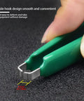Close-up of Antistatic Clip Pliers for Circuit Board PLCC IC Chip Puller with green PVC grip showcasing the double hook design.