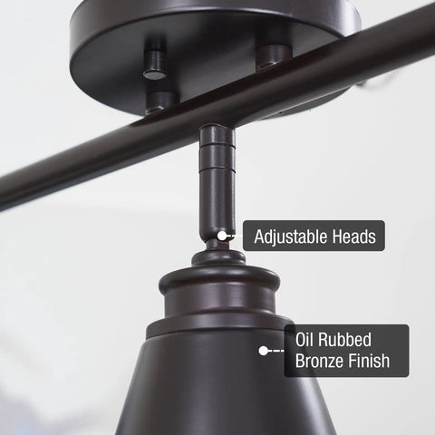 Close-up of Ellis 27 Inch Industrial 3 Light Track Lighting With Adjustable Heads, Vintage Oil Rubbed Bronze Finish
