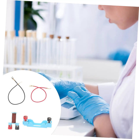 Two Sets Electromagnet Experiment Kit For Kids DIY Physics Lab Tools and person in a lab setting with blue gloves using a device